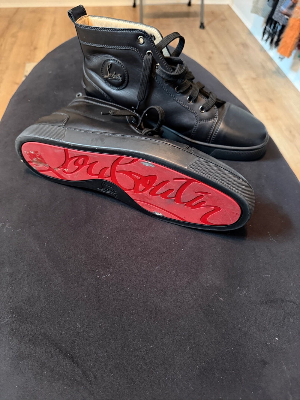 Christian Louboutin Men's Black Leather High-Top Boots with Red Sole